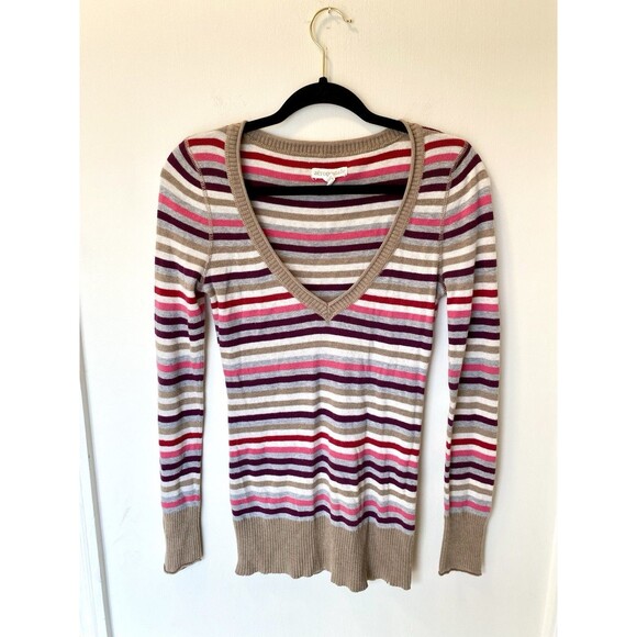 Aeropostale Y2K Striped Ribbed Sweater Top Womens Med V-neck Fitted Long Sleeve - Picture 1 of 9